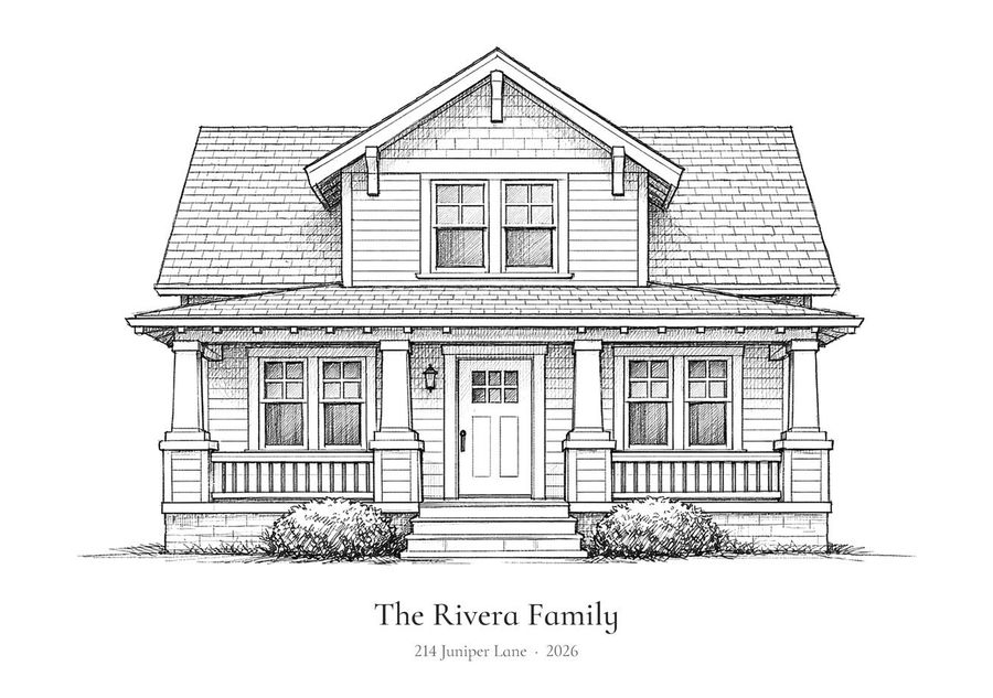 Pencil drawing of a craftsman bungalow with a deep front porch, captioned The Rivera Family