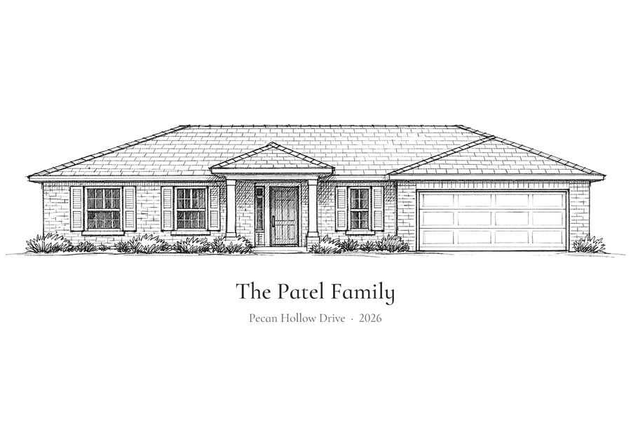 Pencil drawing of a single-story brick ranch house with a two-car garage, captioned The Patel Family
